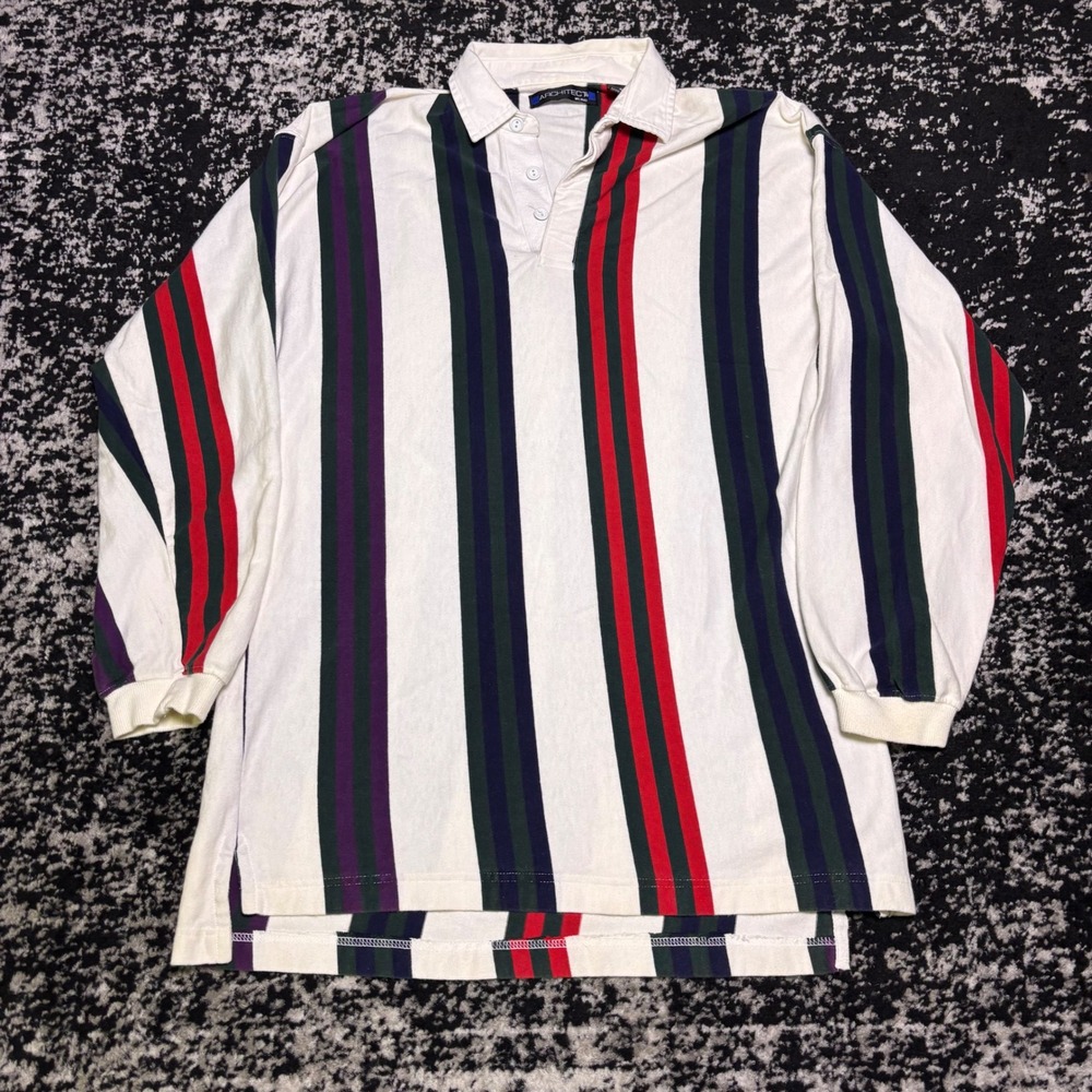 Architect Vintage Mens Vertical Stripe Rugby Shirt Long Sleeve Preppy White LT